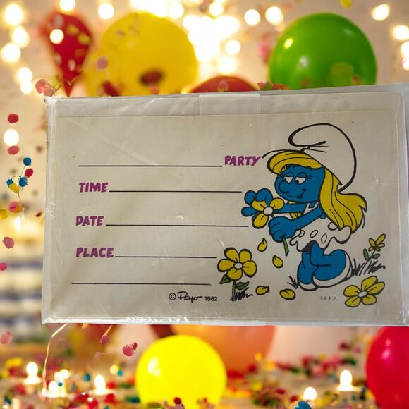 Vintage 1982 Smurf Smurfette Party Birthday Invitations Pack of 8 Toys R Us - Picture 4 of 8